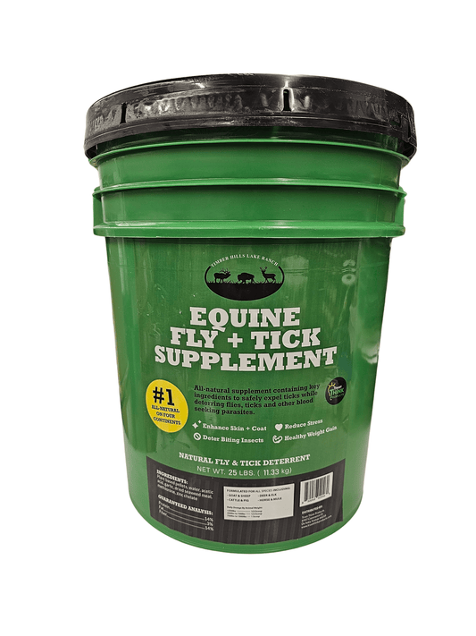Timber Hills - Equine Fly and Tick Supplement container with natural ingredients beside it